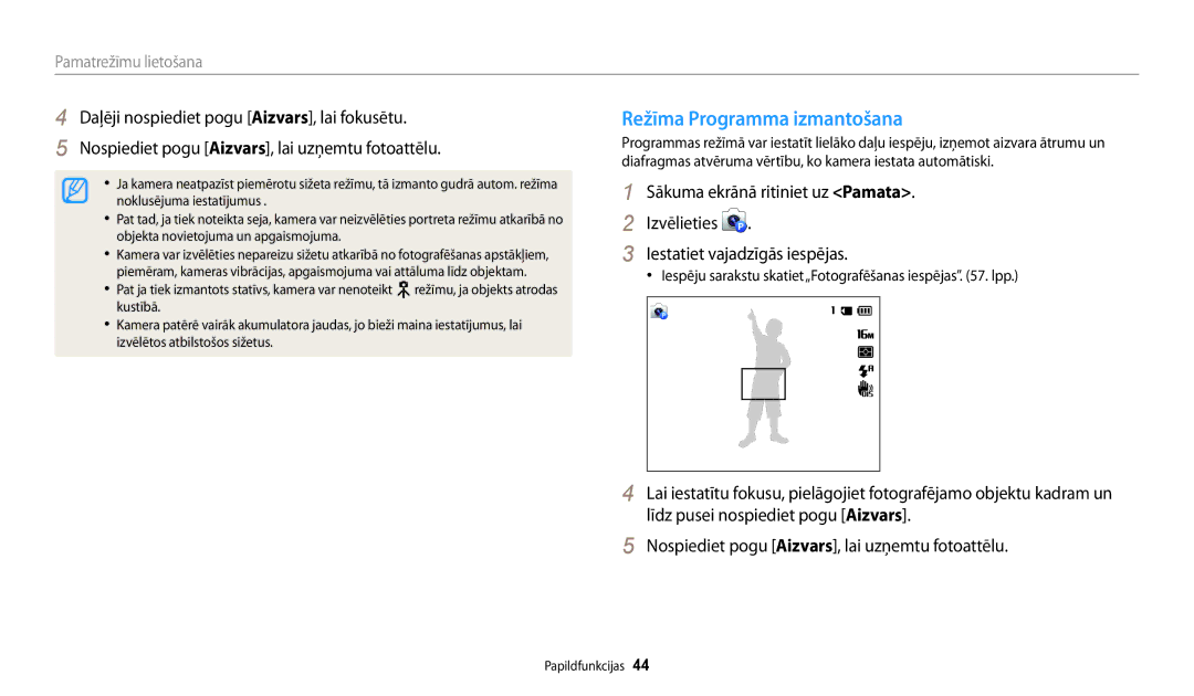 Samsung EC-WB30FZBPLE2 manual Režīma Programma izmantošana, Iespēju sarakstu skatiet„Fotografēšanas iespējas . lpp 