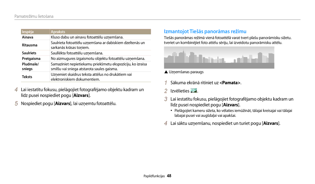 Samsung EC-WB30FZBPBE2 manual Izmantojot Tiešās panorāmas režīmu, Lai sāktu uzņemšanu, nospiediet un turiet pogu Aizvars 