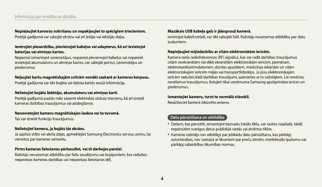 Samsung EC-WB30FZBPWE2, EC-WB30FZBPLE2, EC-WB30FZBPBE2 manual Datu pārsūtīšana un atbildība 