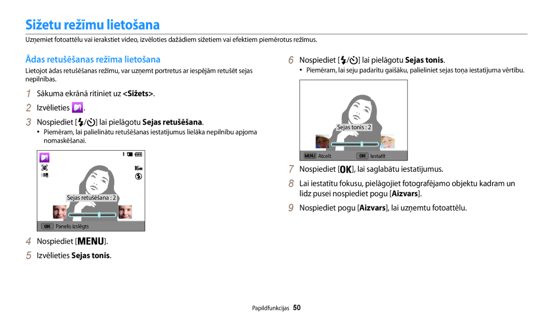 Samsung EC-WB30FZBPLE2, EC-WB30FZBPBE2, EC-WB30FZBPWE2 manual Sižetu režīmu lietošana, Ādas retušēšanas režīma lietošana 