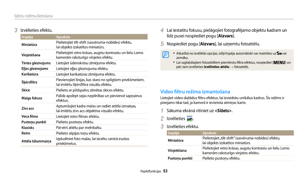 Samsung EC-WB30FZBPLE2 manual Video filtru režīma izmantošana, Izvēlieties efektu, Līdz pusei nospiediet pogu Aizvars 