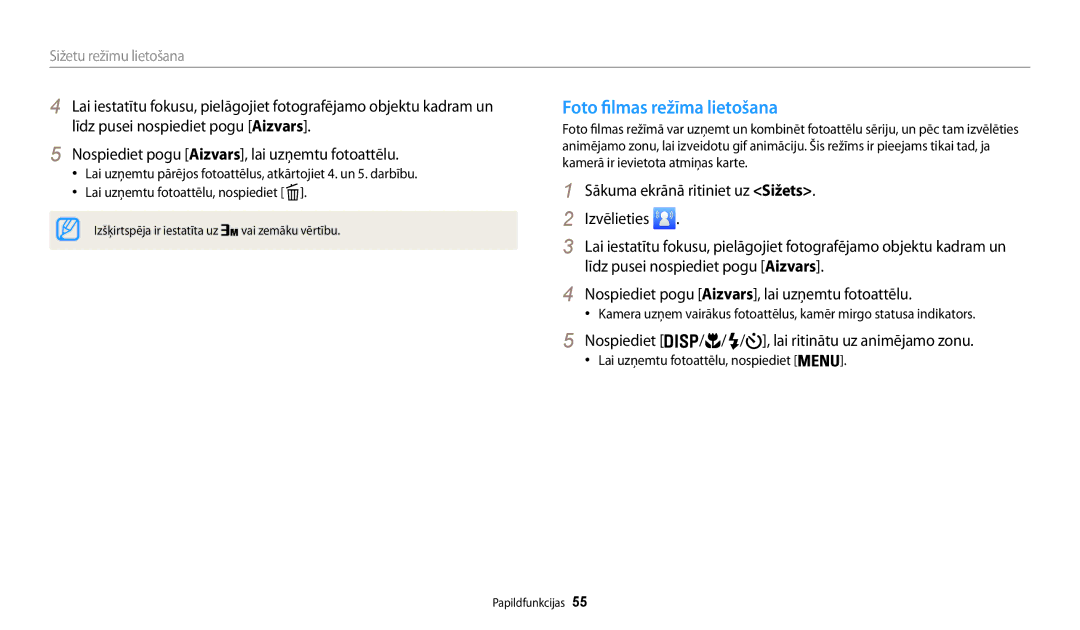 Samsung EC-WB30FZBPWE2, EC-WB30FZBPLE2 manual Foto filmas režīma lietošana, Nospiediet Lai ritinātu uz animējamo zonu 