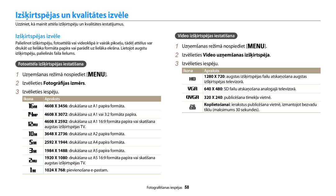 Samsung EC-WB30FZBPWE2 manual Izšķirtspējas un kvalitātes izvēle, Izšķirtspējas izvēle, Izvēlieties Fotogrāfijas izmērs 