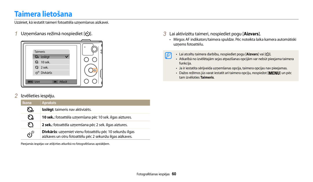 Samsung EC-WB30FZBPBE2, EC-WB30FZBPLE2, EC-WB30FZBPWE2 Taimera lietošana, Lai aktivizētu taimeri, nospiediet pogu Aizvars 