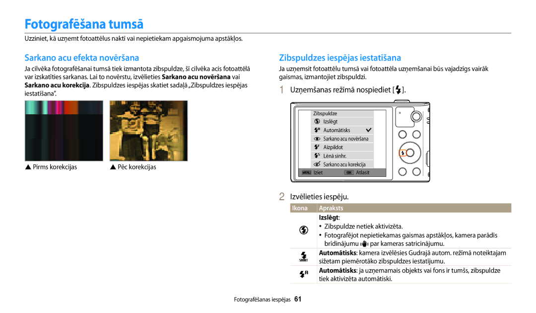 Samsung EC-WB30FZBPWE2 manual Fotografēšana tumsā, Sarkano acu efekta novēršana, Zibspuldzes iespējas iestatīšana, Izslēgt 