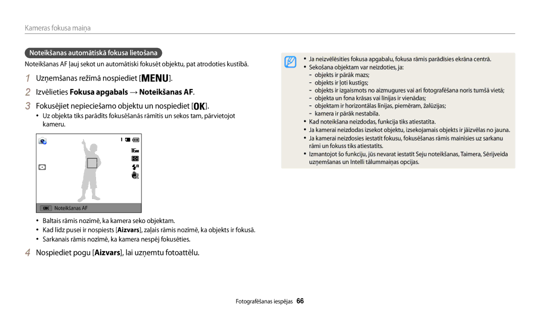 Samsung EC-WB30FZBPBE2 manual Izvēlieties Fokusa apgabals → Noteikšanas AF, Fokusējiet nepieciešamo objektu un nospiediet 