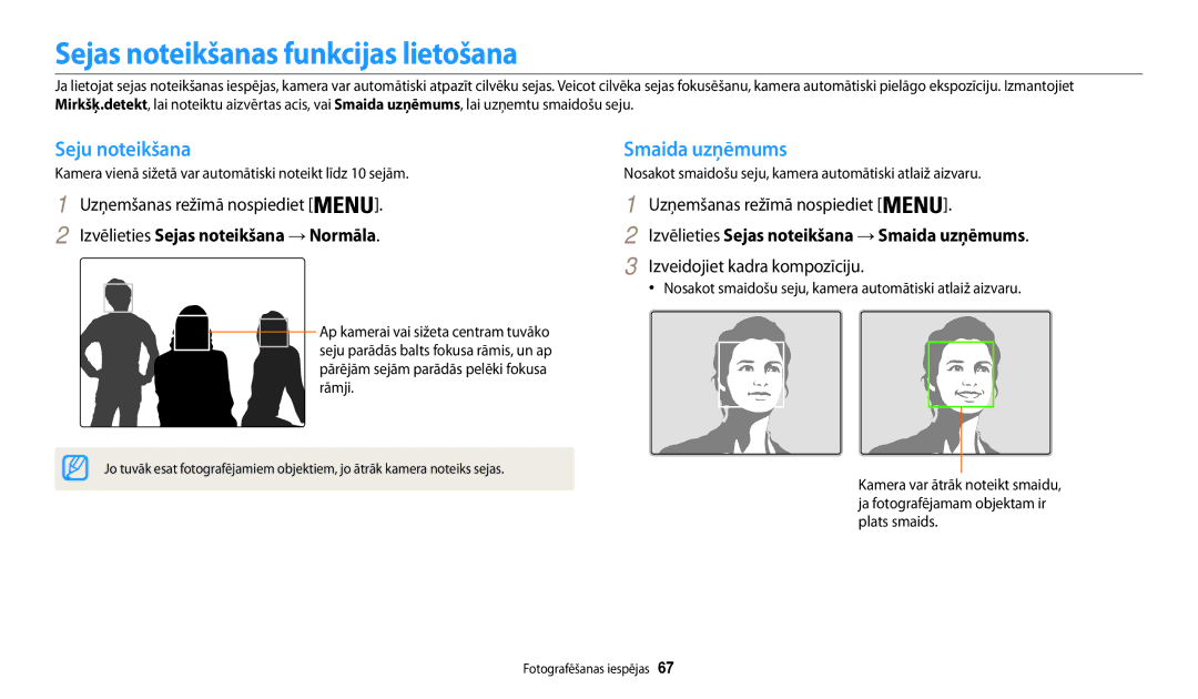 Samsung EC-WB30FZBPWE2, EC-WB30FZBPLE2 manual Sejas noteikšanas funkcijas lietošana, Seju noteikšana, Smaida uzņēmums 