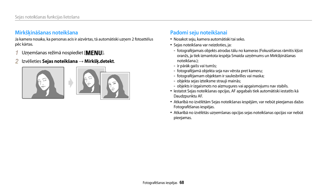 Samsung EC-WB30FZBPLE2 Mirkšķināšanas noteikšana, Padomi seju noteikšanai, Izvēlieties Sejas noteikšana → Mirkšķ.detekt 