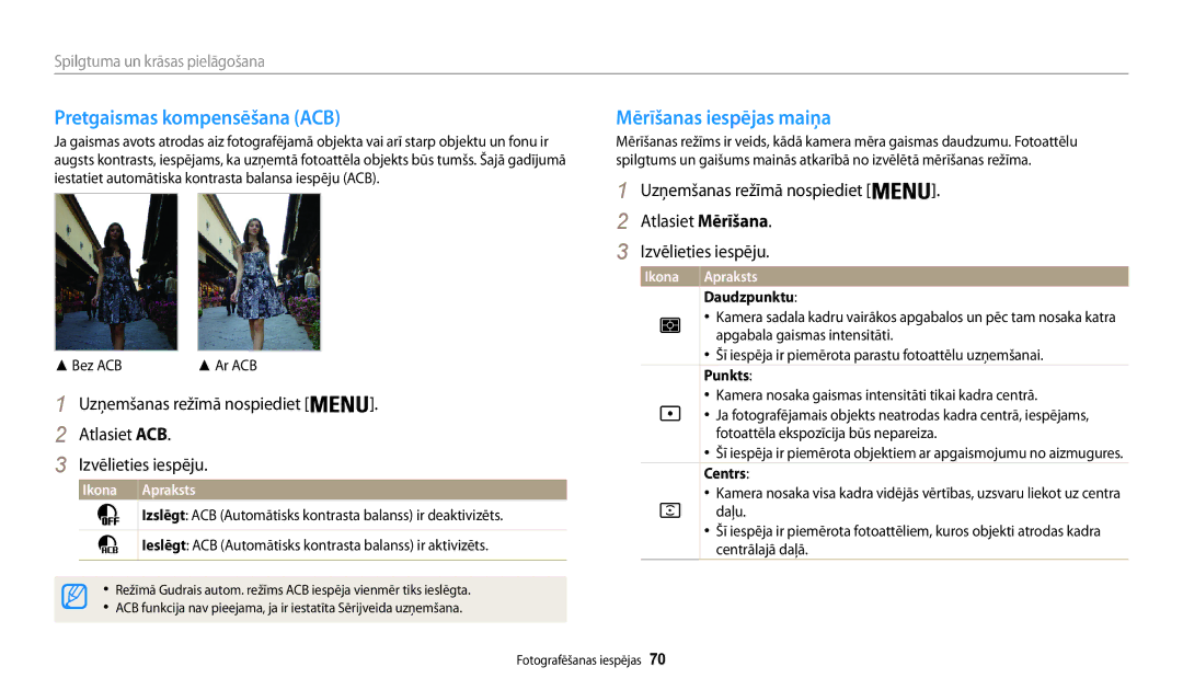 Samsung EC-WB30FZBPWE2, EC-WB30FZBPLE2 manual Pretgaismas kompensēšana ACB, Mērīšanas iespējas maiņa, Bez ACB, Daudzpunktu 