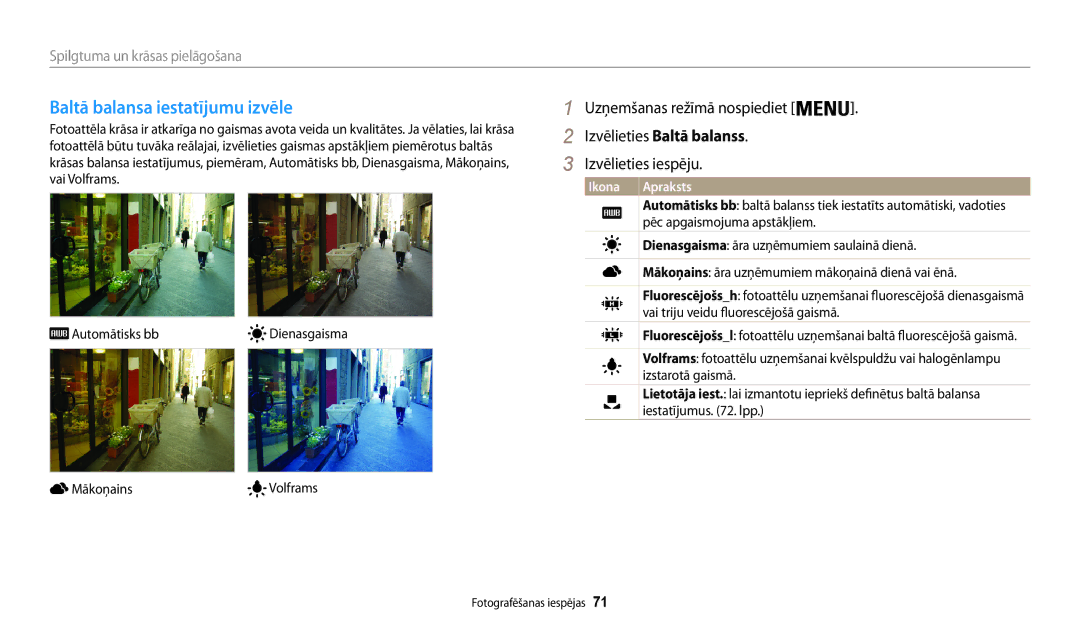 Samsung EC-WB30FZBPLE2, EC-WB30FZBPBE2, EC-WB30FZBPWE2 manual Baltā balansa iestatījumu izvēle 