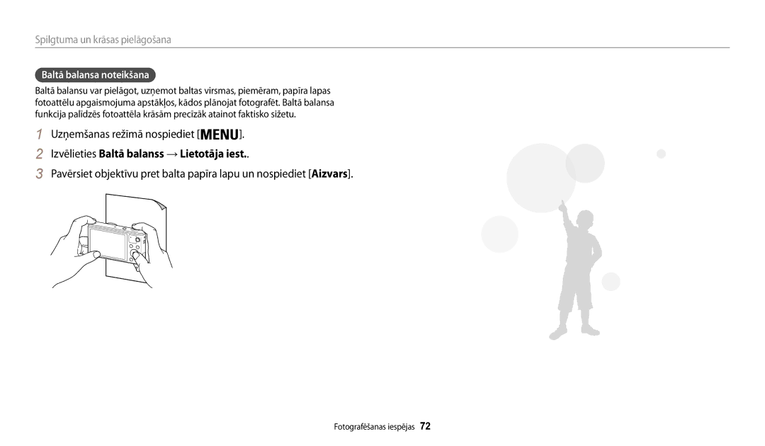 Samsung EC-WB30FZBPBE2, EC-WB30FZBPLE2, EC-WB30FZBPWE2 Izvēlieties Baltā balanss → Lietotāja iest, Baltā balansa noteikšana 