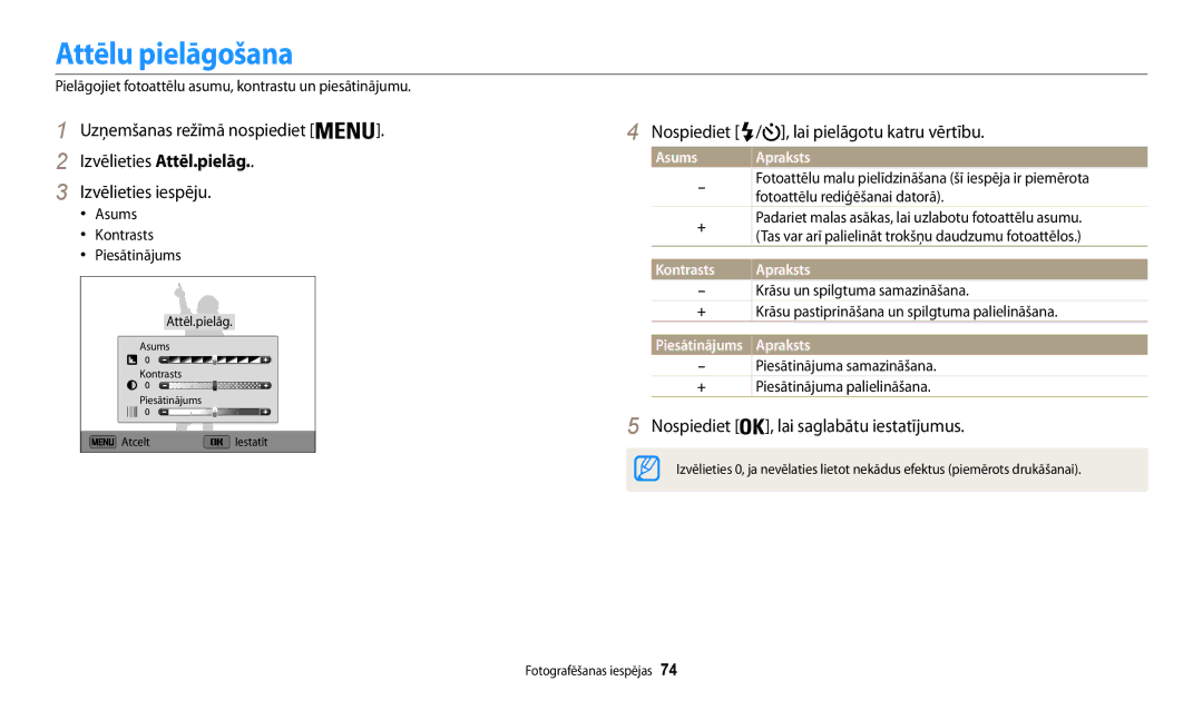 Samsung EC-WB30FZBPLE2 manual Attēlu pielāgošana, Nospiediet , lai saglabātu iestatījumus, Lai pielāgotu katru vērtību 