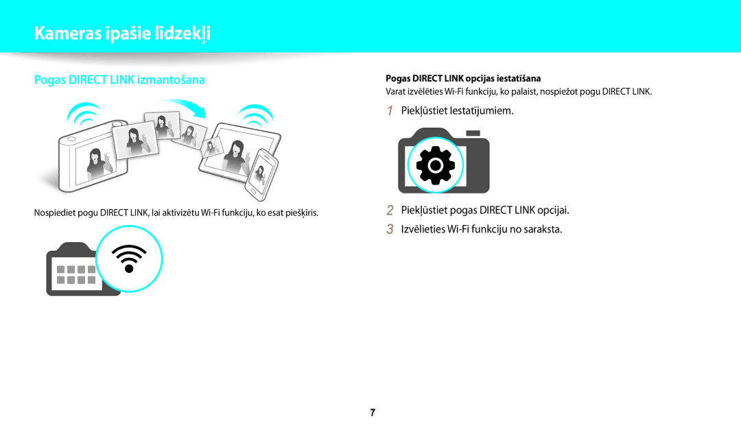 Samsung EC-WB30FZBPWE2, EC-WB30FZBPLE2, EC-WB30FZBPBE2 manual Kameras īpašie līdzekļi, Pogas Direct Link opcijas iestatīšana 