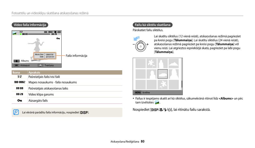 Samsung EC-WB30FZBPLE2, EC-WB30FZBPBE2, EC-WB30FZBPWE2 manual Video faila informācija, Failu kā sīktēlu skatīšana 