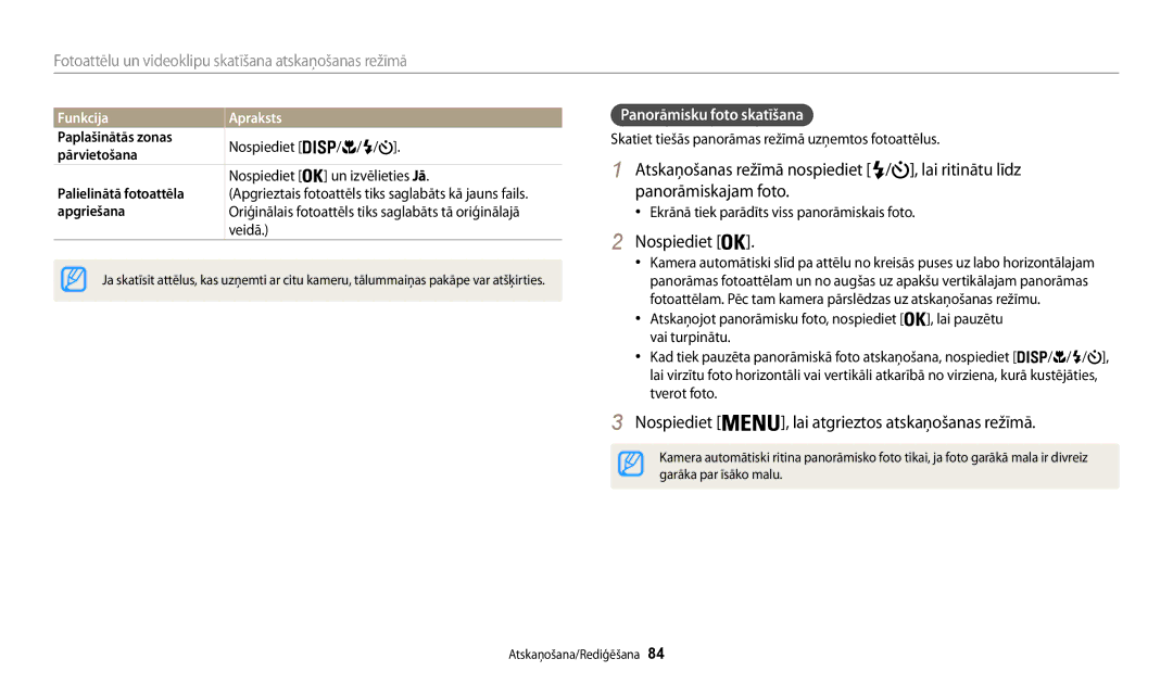 Samsung EC-WB30FZBPBE2, EC-WB30FZBPLE2 manual Panorāmisku foto skatīšana, Funkcija Apraksts, Paplašinātās zonas, Apgriešana 