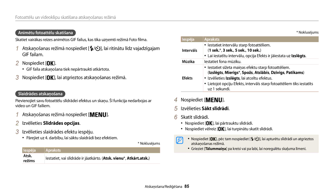 Samsung EC-WB30FZBPWE2 manual GIF failam Nospiediet, Izvēlieties Slīdrādes opcijas, Izvēlieties slaidrādes efektu iespēju 