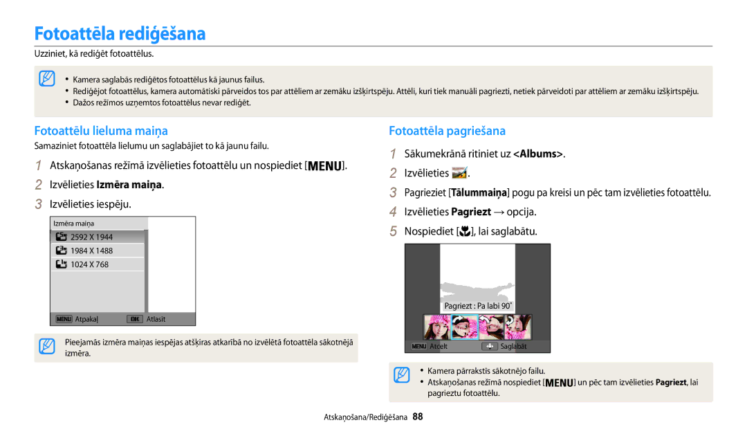 Samsung EC-WB30FZBPWE2, EC-WB30FZBPLE2 manual Fotoattēla rediģēšana, Fotoattēlu lieluma maiņa, Fotoattēla pagriešana 