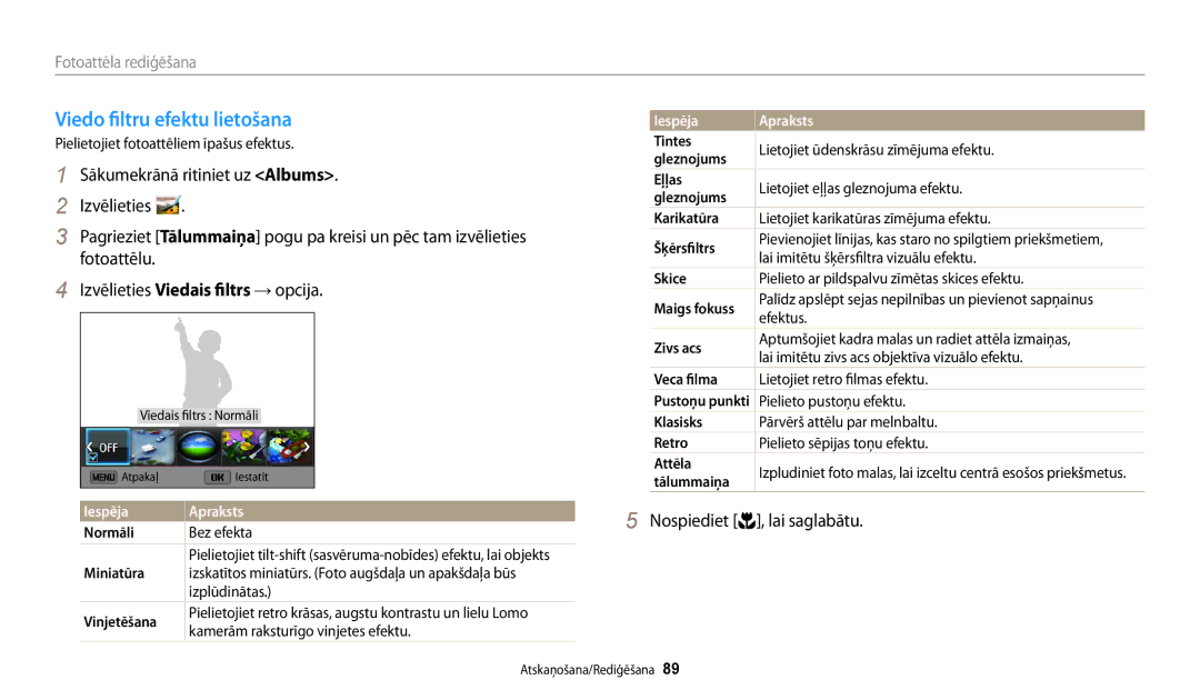 Samsung EC-WB30FZBPLE2, EC-WB30FZBPBE2, EC-WB30FZBPWE2 manual Viedo filtru efektu lietošana 