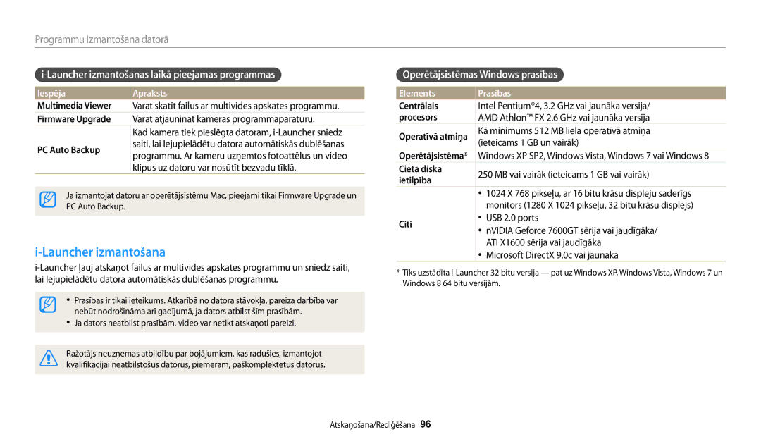 Samsung EC-WB30FZBPBE2 manual Launcher izmantošanas laikā pieejamas programmas, Operētājsistēmas Windows prasības 