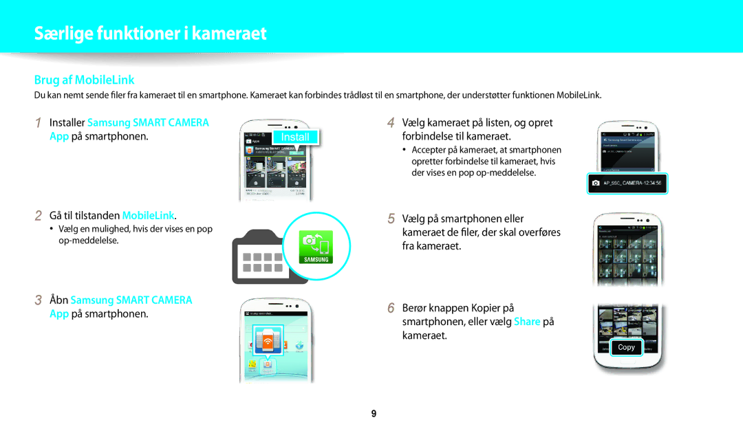 Samsung EC-WB30FZBPPE2, EC-WB30FZBPLE2 Gå til tilstanden MobileLink, Vælg en mulighed, hvis der vises en pop op-meddelelse 