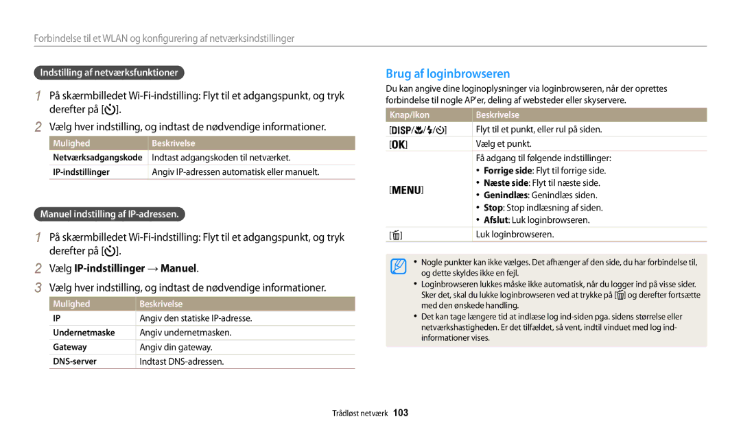 Samsung EC-WB30FZBPBE2 manual Brug af loginbrowseren, Vælg IP-indstillinger → Manuel, Indstilling af netværksfunktioner 