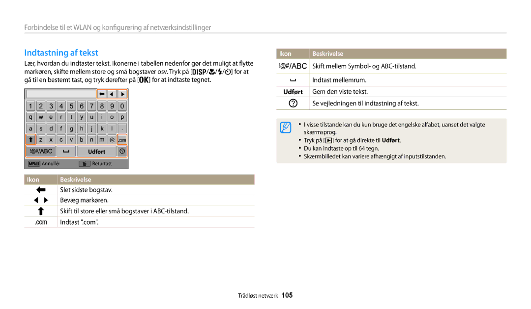 Samsung EC-WB32FZBDBE2, EC-WB30FZBPLE2, EC-WB30FZBPPE2, EC-WB31FZBPBE2, EC-WB31FZBPWE2 manual Indtastning af tekst, Udført 