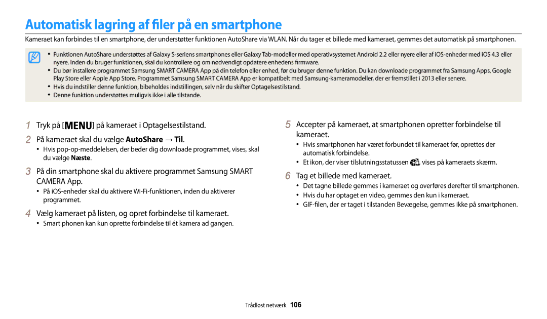 Samsung EC-WB30FZBPWE2 manual Automatisk lagring af filer på en smartphone, På kameraet skal du vælge AutoShare → Til 