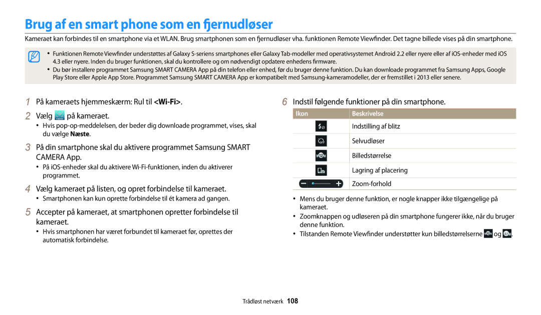 Samsung EC-WB30FZBPPE2 manual Brug af en smart phone som en fjernudløser, Indstil følgende funktioner på din smartphone 