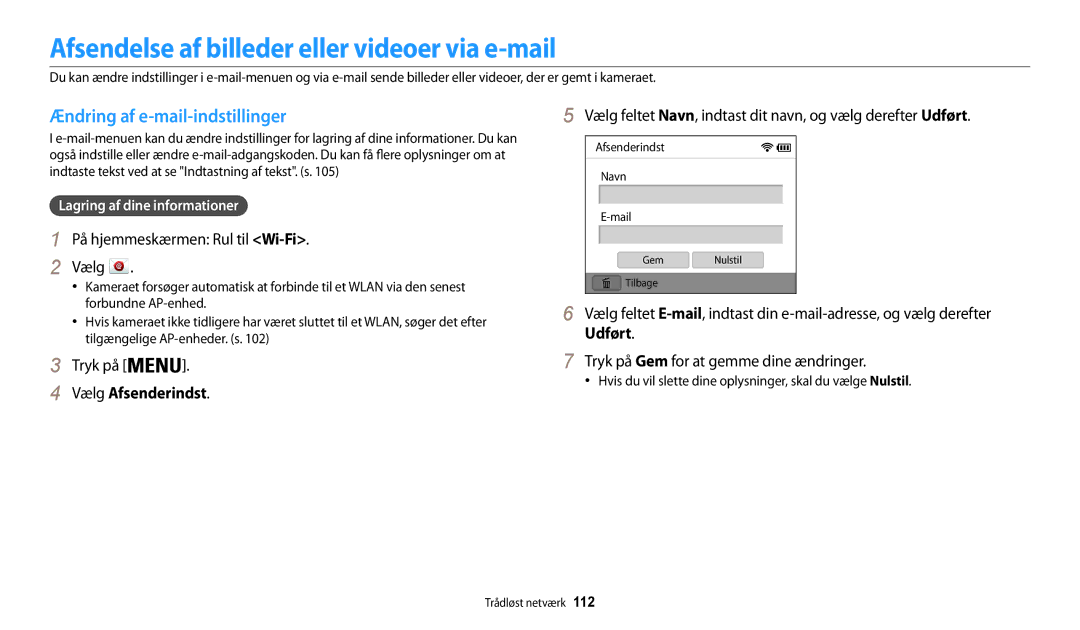 Samsung EC-WB30FZBPBE2 manual Afsendelse af billeder eller videoer via e-mail, Ændring af e-mail-indstillinger, Udført 