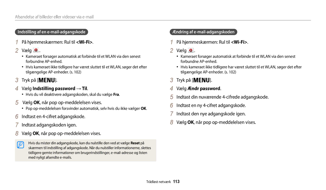 Samsung EC-WB31FZBPLE2 manual Vælg Indstilling password → Til, Vælg OK, når pop op-meddelelsen vises, Vælg Ændr password 