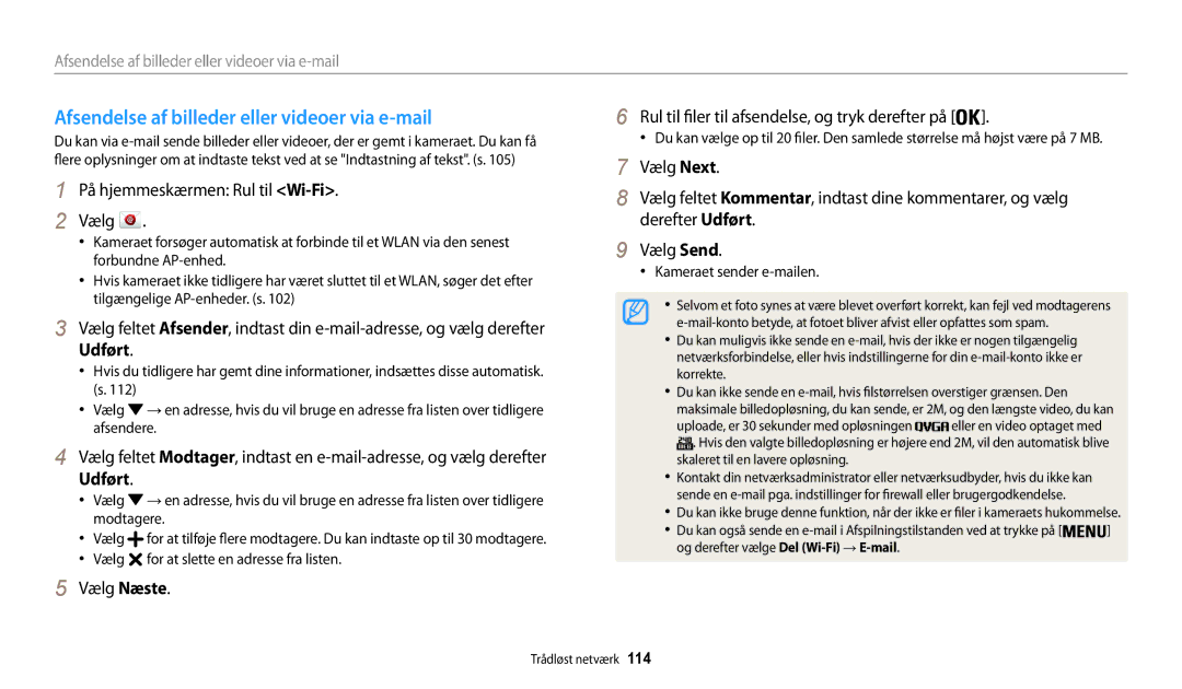 Samsung EC-WB32FZBDBE2, EC-WB30FZBPLE2 manual Afsendelse af billeder eller videoer via e-mail, Kameraet sender e-mailen 