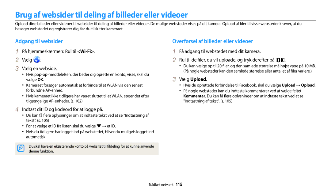 Samsung EC-WB30FZBPWE2, EC-WB30FZBPLE2 manual Brug af websider til deling af billeder eller videoer, Adgang til websider 