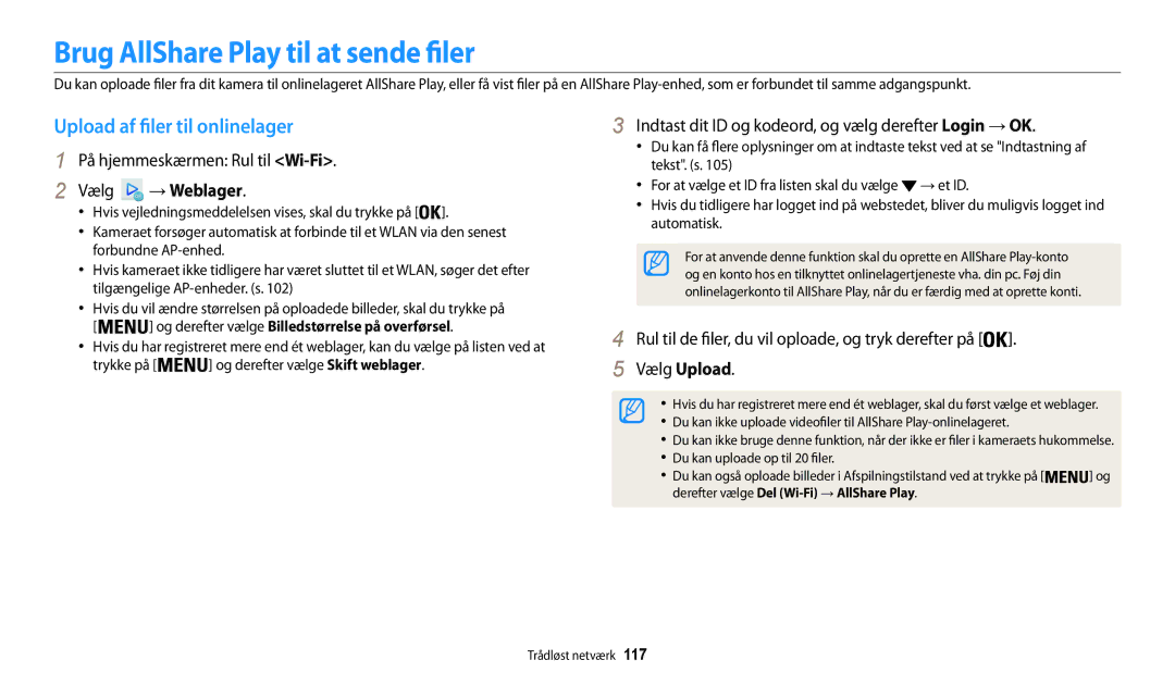 Samsung EC-WB30FZBPPE2, EC-WB30FZBPLE2 manual Brug AllShare Play til at sende filer, Upload af filer til onlinelager 