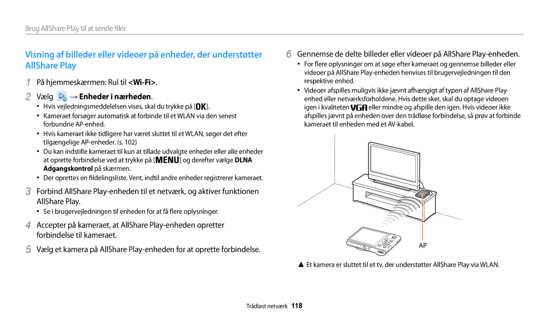 Samsung EC-WB31FZBPBE2, EC-WB30FZBPLE2, EC-WB30FZBPPE2 manual På hjemmeskærmen Rul til Wi-Fi, Vælg → Enheder i nærheden 