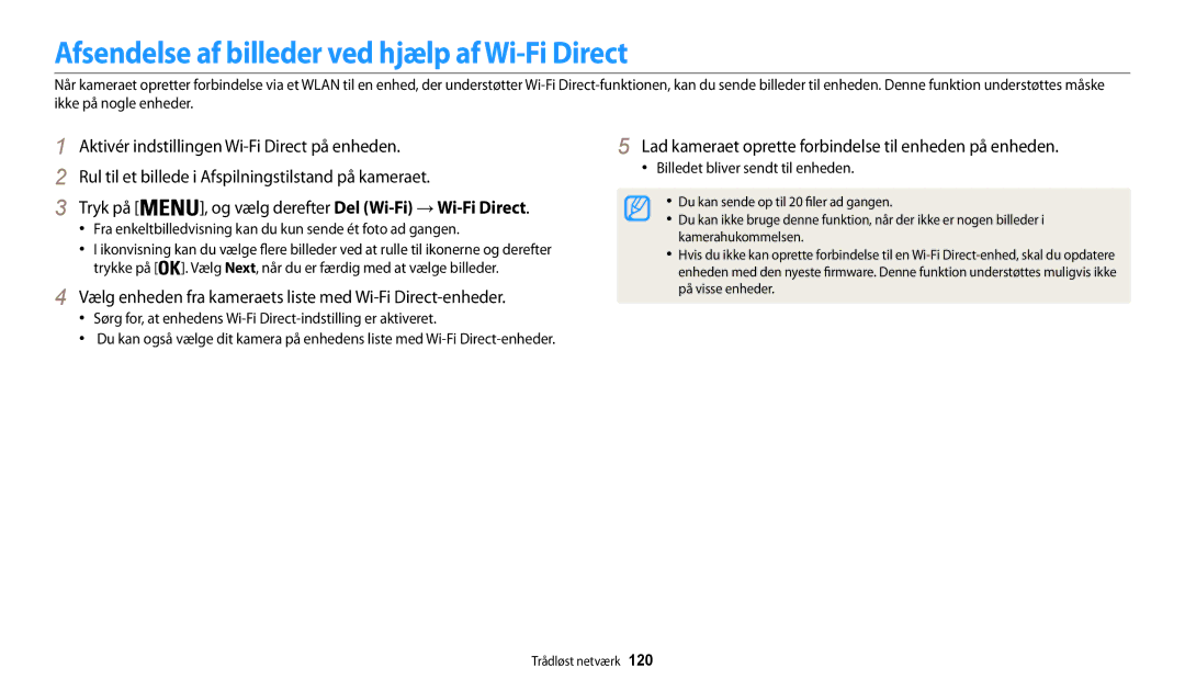 Samsung EC-WB32FZBDWE2, EC-WB30FZBPLE2, EC-WB30FZBPPE2 manual Afsendelse af billeder ved hjælp af Wi-Fi Direct, Tryk på 