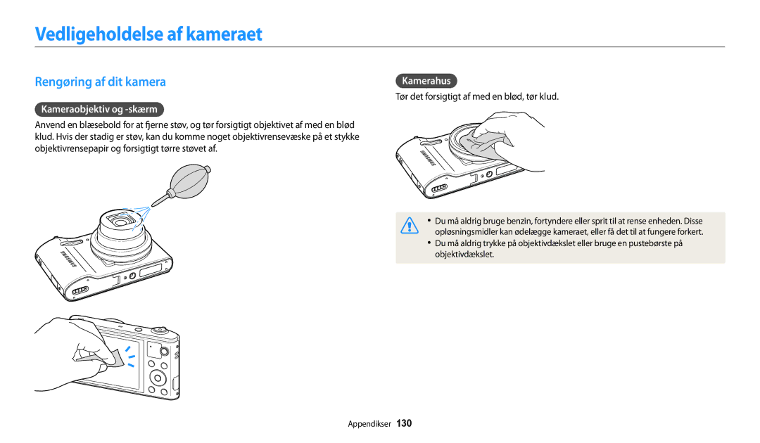 Samsung EC-WB30FZBPBE2 manual Vedligeholdelse af kameraet, Rengøring af dit kamera, Kameraobjektiv og -skærm, Kamerahus 