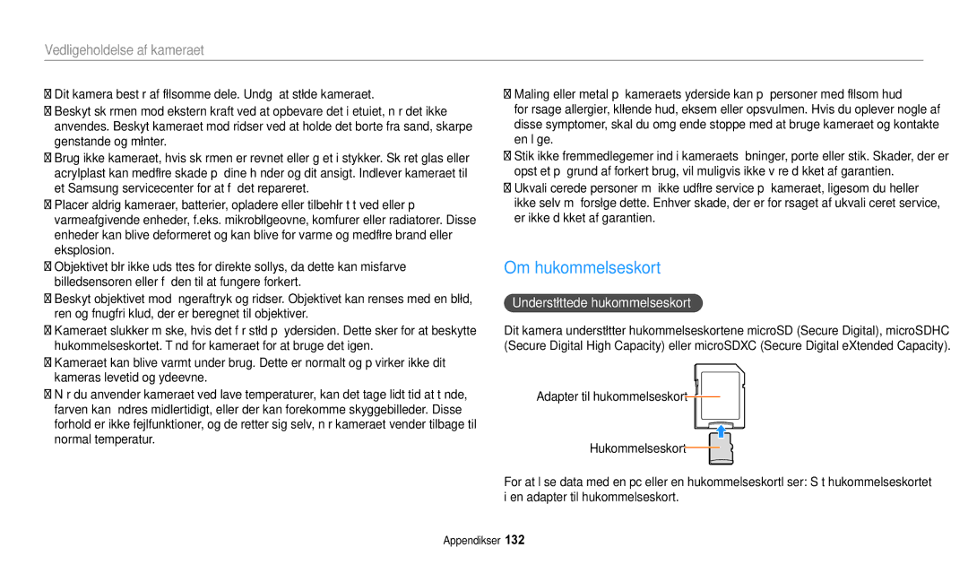 Samsung EC-WB32FZBDBE2, EC-WB30FZBPLE2, EC-WB30FZBPPE2, EC-WB31FZBPBE2 Om hukommelseskort, Understøttede hukommelseskort 