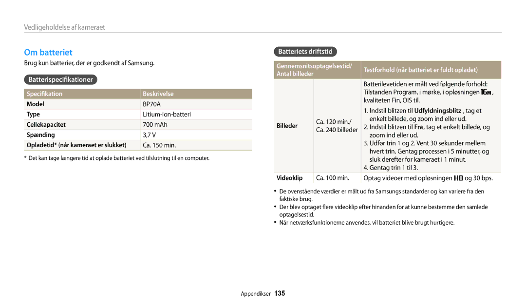 Samsung EC-WB30FZBPPE2 manual Om batteriet, Batterispecifikationer, Batteriets driftstid, Specifikation Beskrivelse 