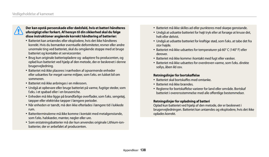 Samsung EC-WB32FZBDWE2, EC-WB30FZBPLE2 manual Retningslinjer for bortskaffelse, Retningslinjer for opladning af batteri 