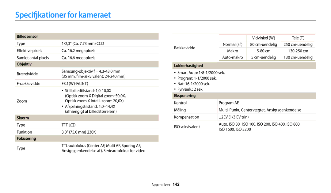 Samsung EC-WB30FZBPWE2, EC-WB30FZBPLE2, EC-WB30FZBPPE2, EC-WB31FZBPBE2, EC-WB31FZBPWE2 manual Specifikationer for kameraet 