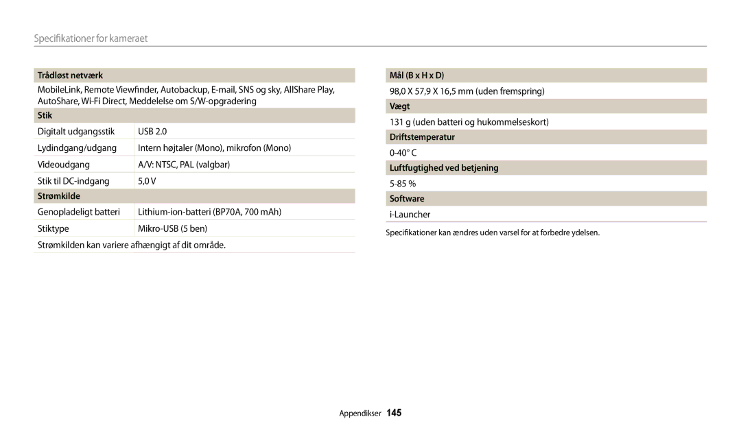 Samsung EC-WB31FZBPBE2, EC-WB30FZBPLE2 Trådløst netværk, Stik, Strømkilde, Mål B x H x D, Vægt, Driftstemperatur, Software 