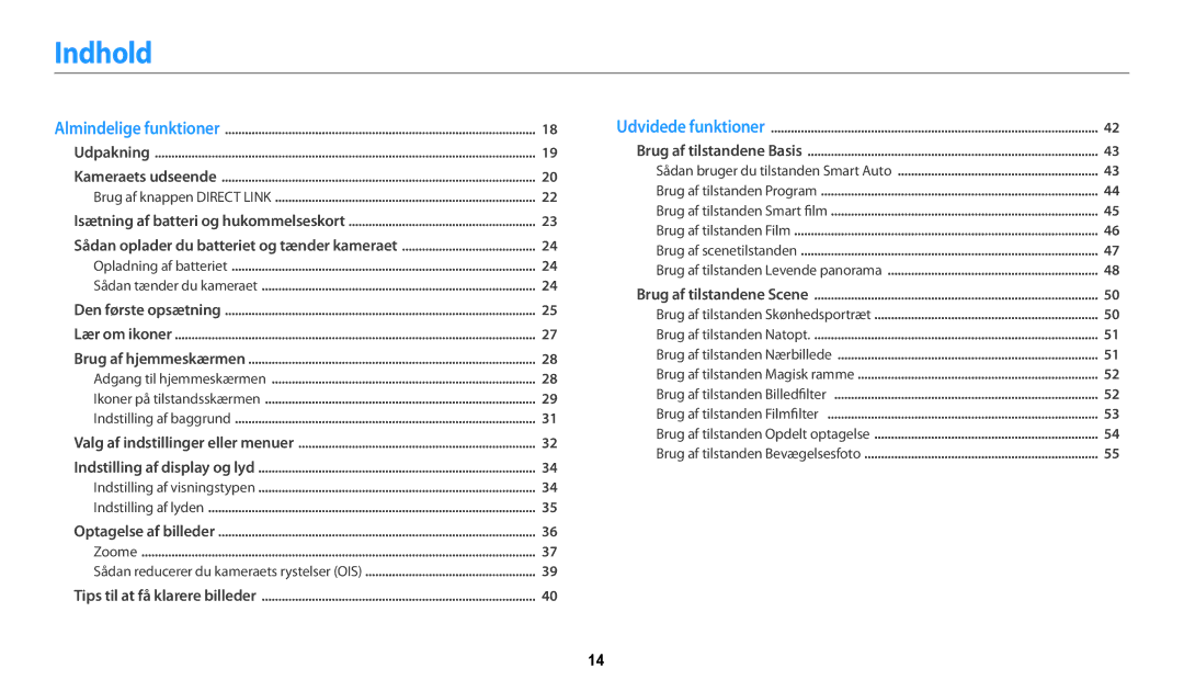 Samsung EC-WB31FZBPLE2, EC-WB30FZBPLE2, EC-WB30FZBPPE2 manual Indhold, Sådan oplader du batteriet og tænder kameraet 