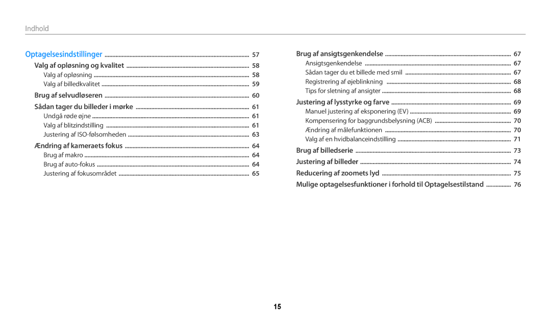 Samsung EC-WB32FZBDBE2, EC-WB30FZBPLE2, EC-WB30FZBPPE2, EC-WB31FZBPBE2, EC-WB31FZBPWE2, EC-WB32FZBDWE2, EC-WB30FZBPBE2 Indhold﻿ 