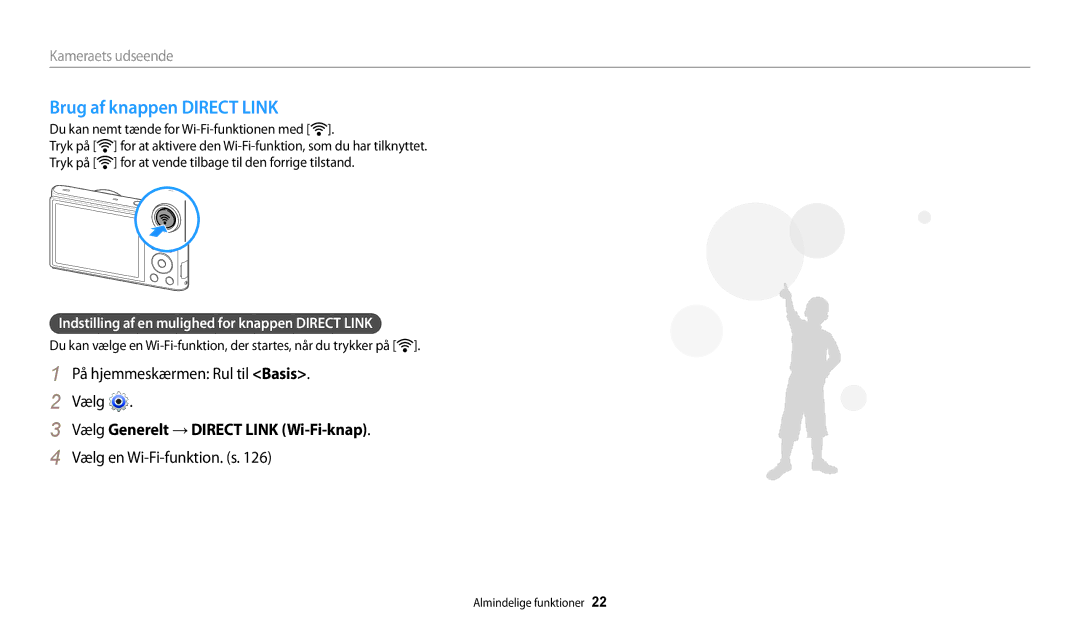 Samsung EC-WB30FZBPBE2 manual Brug af knappen Direct Link, På hjemmeskærmen Rul til Basis. Vælg, Vælg en Wi-Fi-funktion. s 