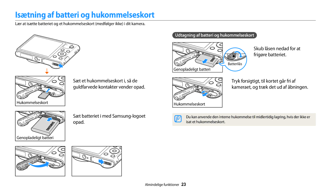 Samsung EC-WB31FZBPLE2, EC-WB30FZBPLE2 Isætning af batteri og hukommelseskort, Sæt batteriet i med Samsung-logoet opad 