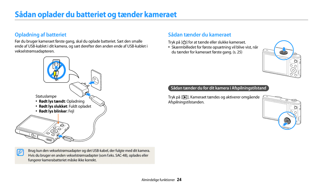 Samsung EC-WB32FZBDBE2 Sådan oplader du batteriet og tænder kameraet, Opladning af batteriet, Sådan tænder du kameraet 