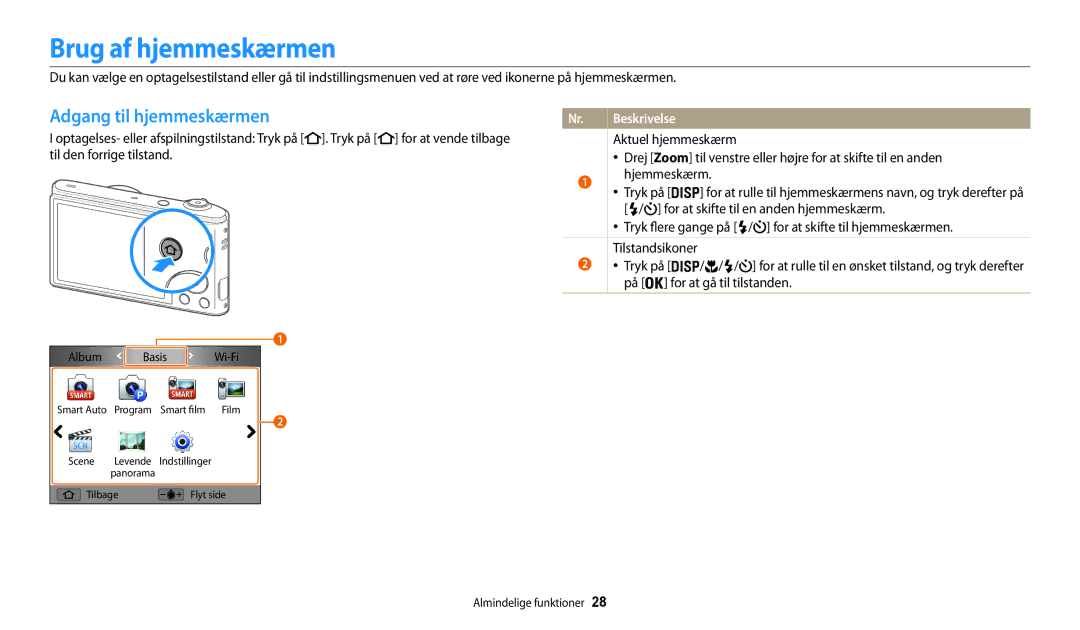 Samsung EC-WB31FZBPBE2 manual Brug af hjemmeskærmen, Adgang til hjemmeskærmen, For at skifte til en anden hjemmeskærm 