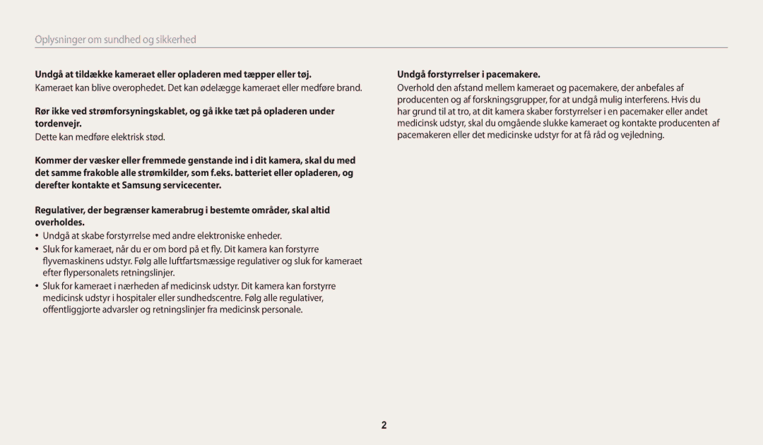 Samsung EC-WB31FZBPWE2, EC-WB30FZBPLE2 manual Oplysninger om sundhed og sikkerhed, Undgå forstyrrelser i pacemakere 