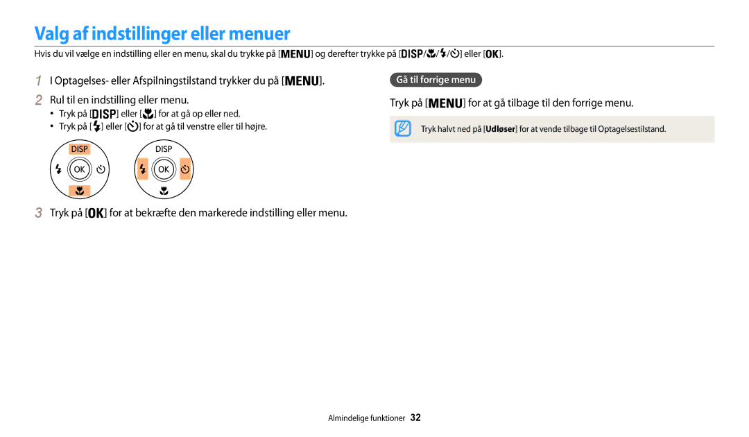 Samsung EC-WB31FZBPLE2 Valg af indstillinger eller menuer, Tryk på for at bekræfte den markerede indstilling eller menu 