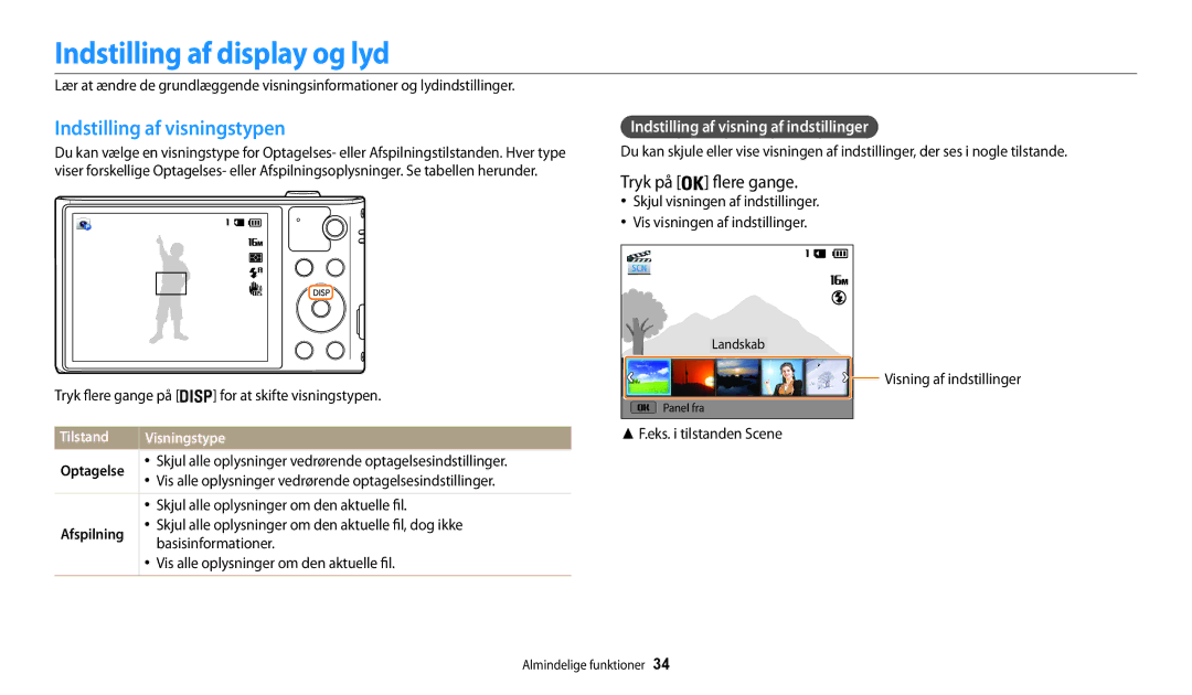 Samsung EC-WB30FZBPWE2, EC-WB30FZBPLE2 Indstilling af display og lyd, Indstilling af visningstypen, Tryk på flere gange 